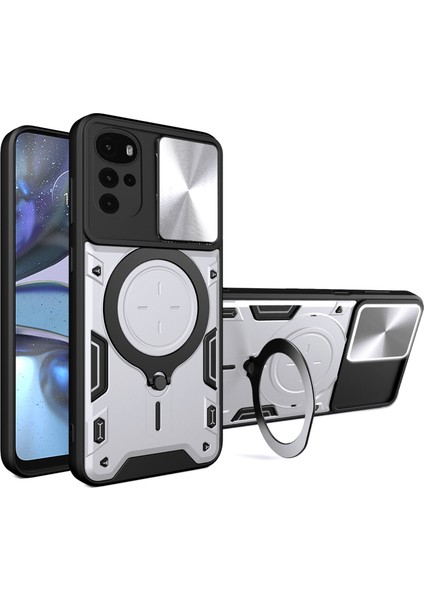 Motorola Moto G22/E32 4g Pc+Tpu Kapaklı Kayar Kamera Kapak Halkası Destekli Telefon Arka Koruyucu Kılıf-Gümüş (Yurt Dışından)