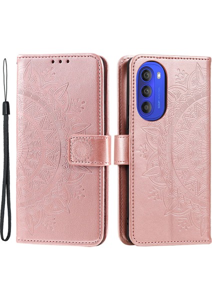 Motorola Moto G51 5g Için Mandala Çiçek Baskılı Telefon Kılıfı, Pu Deri Darbeye Dayanıklı Cüzdan Kılıf Standı Kabuk Bilek Kayışı Ile-Gül Altını (Yurt Dışından)