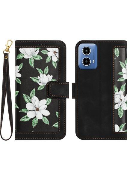 Motorola Moto G45 5G/G34 5g Kılıf Standı Fonksiyonu Çiçek Desenli Pu Deri Telefon Kılıfı-Siyah (Yurt Dışından)