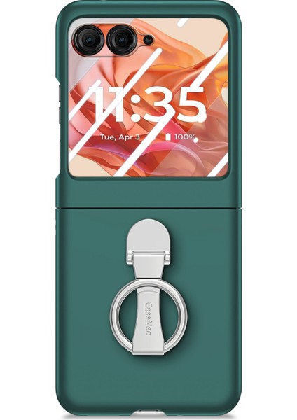 Motorola Razr 50 5g Kılıf Halka Kickstand Pc Telefon Kılıfı Temperli Cam Arka Ekran Filmi-Koyu Yeşil (Yurt Dışından)