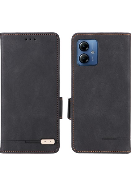 Motorola Moto G14 4g Stand Telefon Kılıfı Çizilmez Pu Deri Donanım Dekor Cüzdan Koruyucu Kılıf-Siyah (Yurt Dışından)