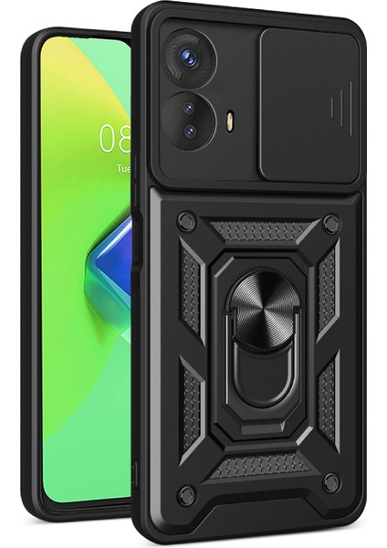 Motorola Moto G53 5g Için Kickstand Pc+Tpu Telefon Kılıfı, Kayar Itmeli Çekmeli Kamera Lens Koruma Kabuğu Telefon Kılıfı-Siyah (Yurt Dışından)