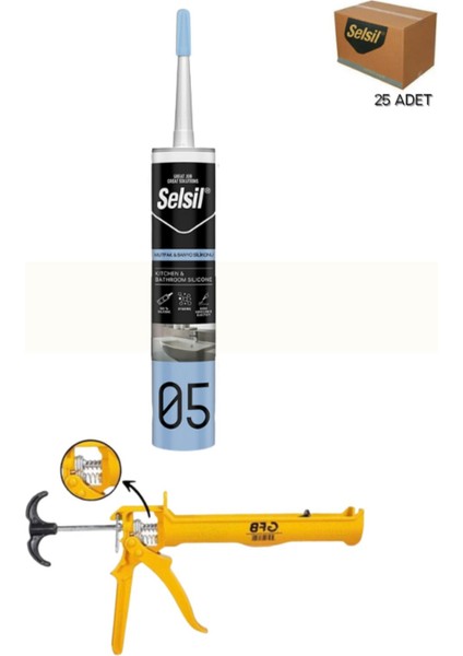 Duşakabin Silikonu Şeffaf 280 ml (25 Adet), Alüminyum Tabanca
