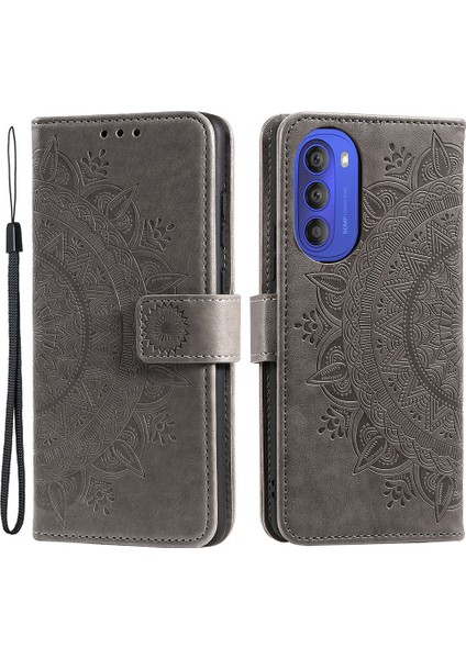 Motorola Moto G51 5g Için Mandala Çiçek Baskılı Telefon Kılıfı, Bilek Kayışlı Pu Deri Darbeye Dayanıklı Cüzdan Kılıf Standı Kabuk-Gri (Yurt Dışından)