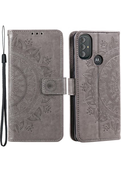 Mandala Çiçek Baskılı Pu Deri Stand Cüzdan Telefon Kılıfı Koruyucu Kılıf Motorola Moto G Power (2022)-GRI (Yurt Dışından)