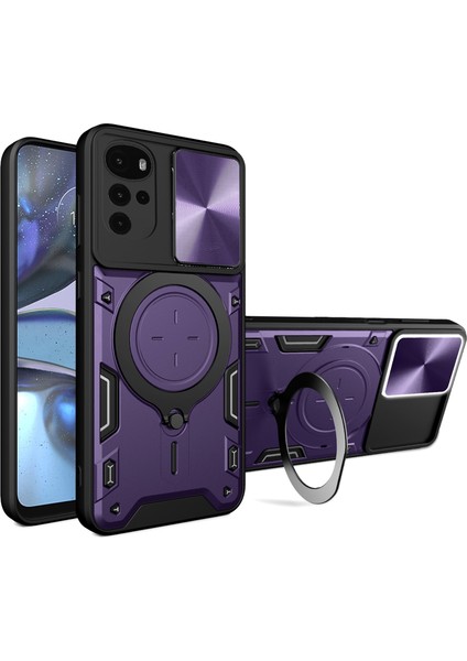 Motorola Moto G22/E32 4g Pc+Tpu Kapaklı Kayar Kamera Kapak Halkası Kickstand Telefon Arka Koruyucu Kılıf-Mor (Yurt Dışından)