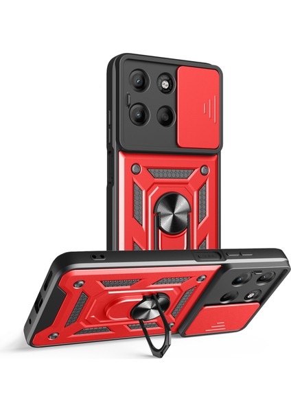Motorola Moto G15 4g Kılıf Sürgülü Kamera Kapağı Pc + Tpu Ayaklı Telefon Kılıfı-Kırmızı (Yurt Dışından)