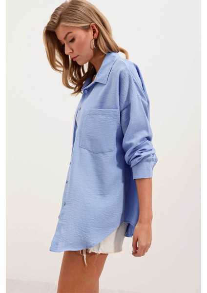 Oversize Keten Mavi Kadın Gömlek 20153 fiyatları
