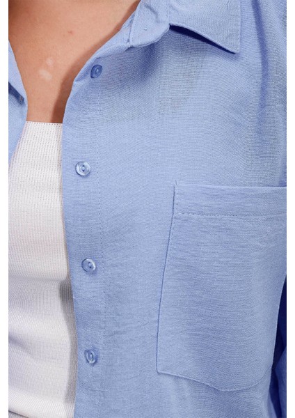 Oversize Keten Mavi Kadın Gömlek 20153 fırsatları