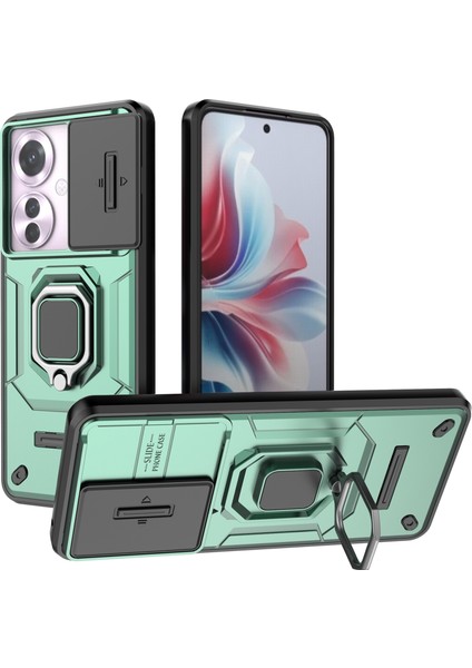 Oppo RENO11 F 5g Kılıf Halka Kickstand Pc+Tpu Arka Kabuk Sürgülü Kamera Kapağı-Yeşil (Yurt Dışından)
