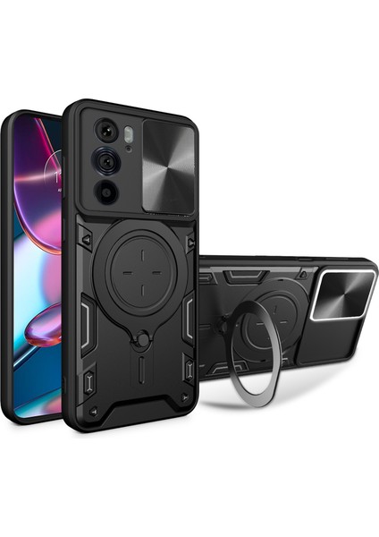 Motorola Edge 30 Pro (Motorola EDGE+(2022)) Kayar Kamera Kapak Halkası Destekli Pc+Tpu Telefon Kılıfı-Siyah (Yurt Dışından)