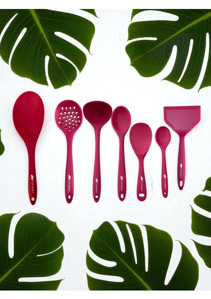 Isıya Dayanıklı Silikon Kevgir Kepçe Spatula Kaşık Seti (30-28-22-20 Cm) 7 Parça