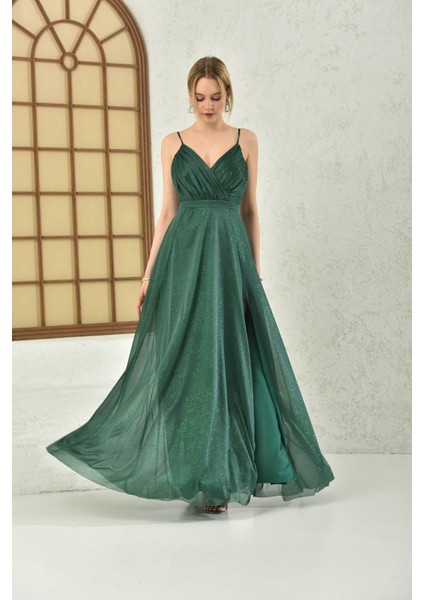 Kadın Zümrüt Yeşil Simli Kumaş Askılı Uzun Abiye NBS9276