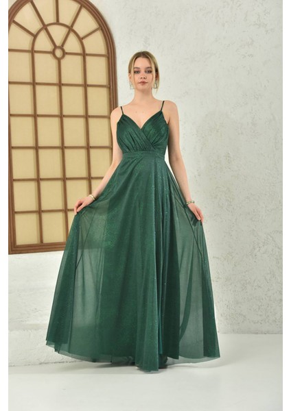 Kadın Zümrüt Yeşil Simli Kumaş Askılı Uzun Abiye NBS9276 fiyatları