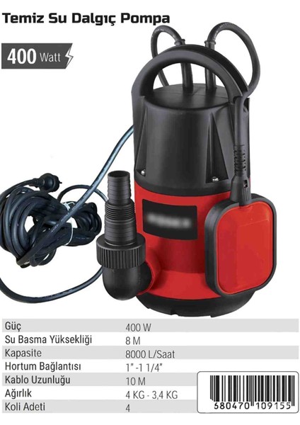 İyisi Yok Dalgic Pompa Temiz Su 400W 8000 L/h 8 Metre