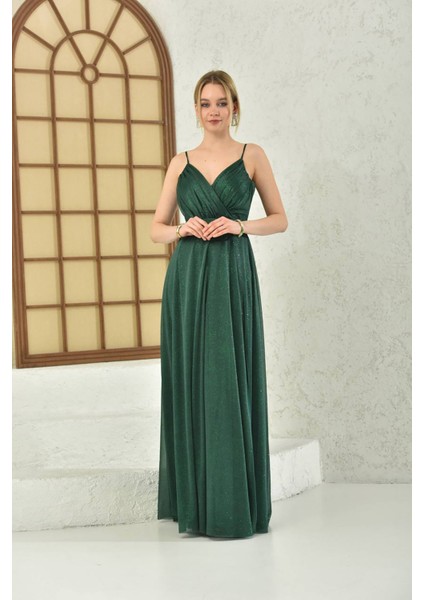 Kadın Zümrüt Yeşil Simli Kumaş Askılı Uzun Abiye - NBS9276 modelleri