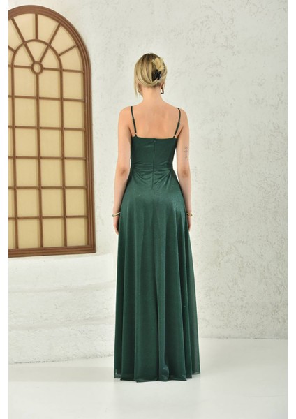 Kadın Zümrüt Yeşil Simli Kumaş Askılı Uzun Abiye - NBS9276 indirimleri