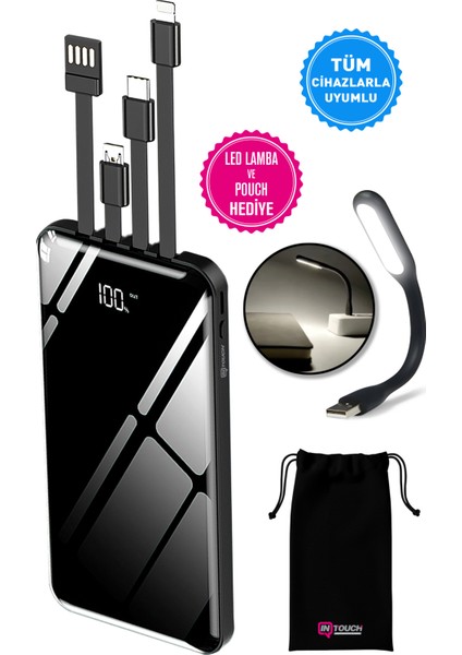 10.000 mAh Prime Dijital Göstergeli Dahili Çoklu Kablolu Powerbank Siyah
