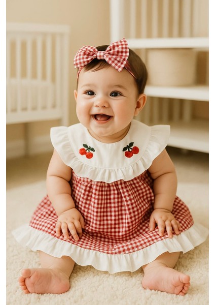 Kız Bebek Pötikareli Kiraz Nakışlı Saç Bantlı Yazlık Elbise