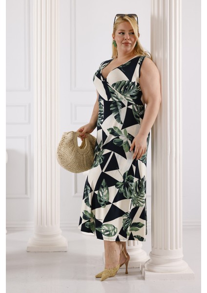 Kadın Yeşil Beyaz Monstera Desen Kolsuz Kruvaze Yaka Büyük Beden Maxi Elbise fiyatları