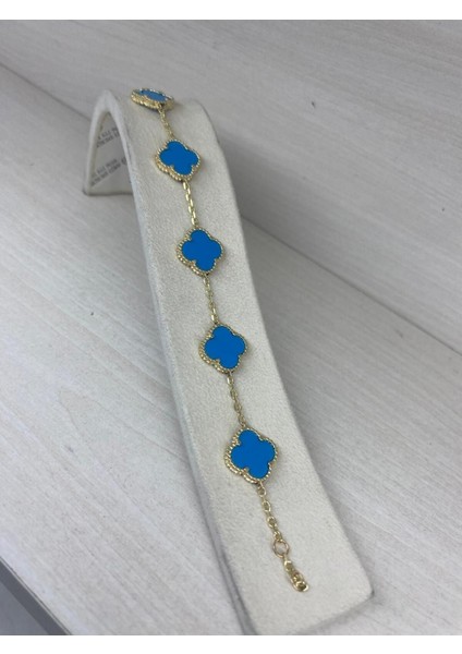 925 Ayar Gümüş Gold Zincirli Van Cleef Model Bileklik Mavi Mineli