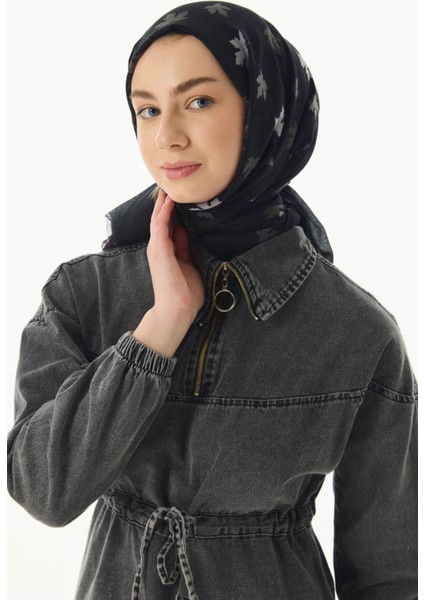 Zeta Yaprak Desen Siyah Pamuklu Şal