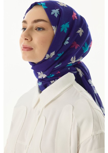 Zeta Yaprak Desen Saks Mavi Pamuklu Şal