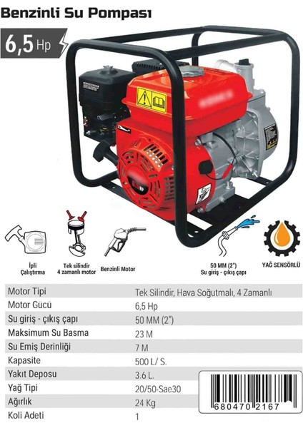 İyisi Yok 6,5 Hp Benzinli Su Pompası Tek Silindir 4 Zamanlı Motor