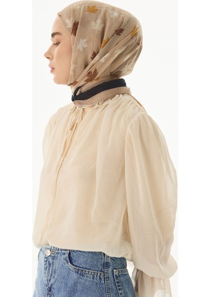 Zeta Yaprak Desen Sütlü Kahve Pamuklu Şal
