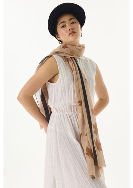 Zeta Yaprak Desen Sütlü Kahve Pamuklu Şal