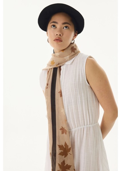 Zeta Yaprak Desen Sütlü Kahve Pamuklu Şal