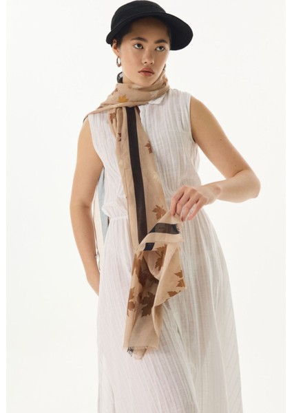 Zeta Yaprak Desen Sütlü Kahve Pamuklu Şal