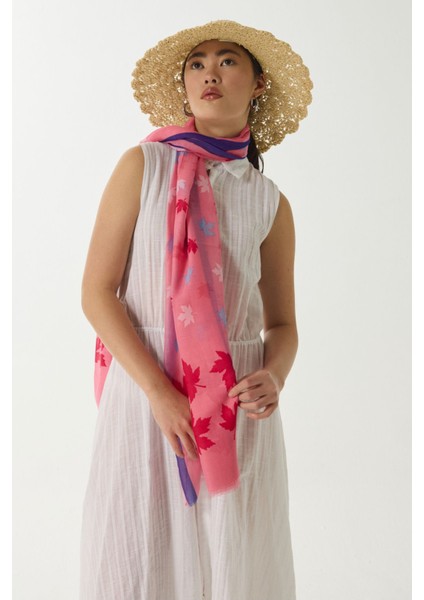 Zeta Yaprak Desen Şeker Pembe Pamuklu Şal