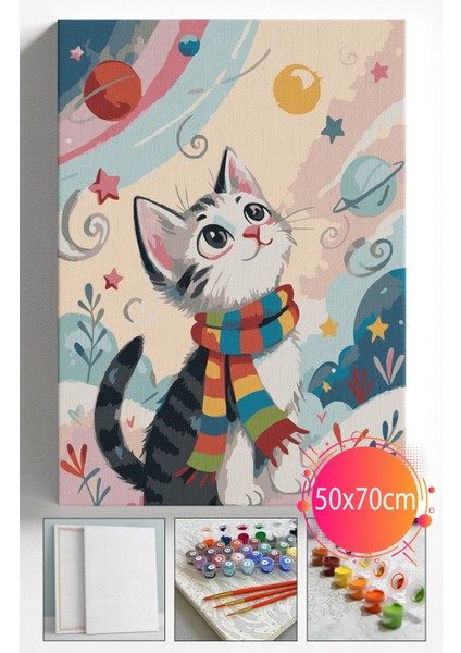 Sayılarla Boyama Seti Numaralı Tuval Fırça Boya Dahil Kasnaklı Set 50X70 cm - Kış ve Kedi