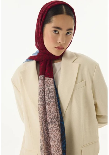 Aster Çiçek Desen Pudra-Kırmızı-Indigo Pamuklu Şal