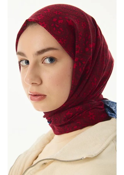 Aster Çiçek Desen Pudra-Kırmızı-Indigo Pamuklu Şal indirimleri