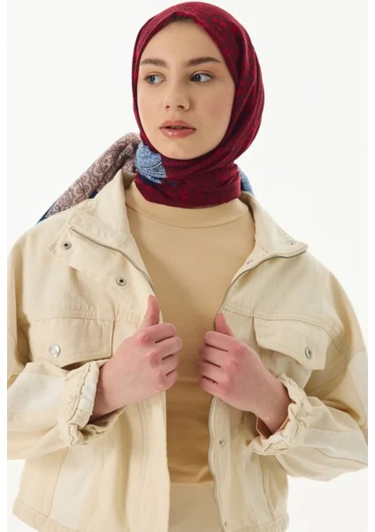 Aster Çiçek Desen Pudra-Kırmızı-Indigo Pamuklu Şal