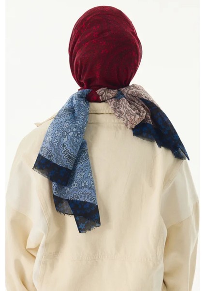 Aster Çiçek Desen Pudra-Kırmızı-Indigo Pamuklu Şal