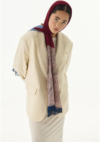 Aster Çiçek Desen Pudra-Kırmızı-Indigo Pamuklu Şal