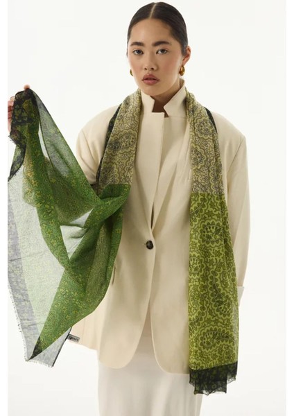 Aster Çiçek Desen Ceviz Yeşili-Siyah Pamuklu Şal