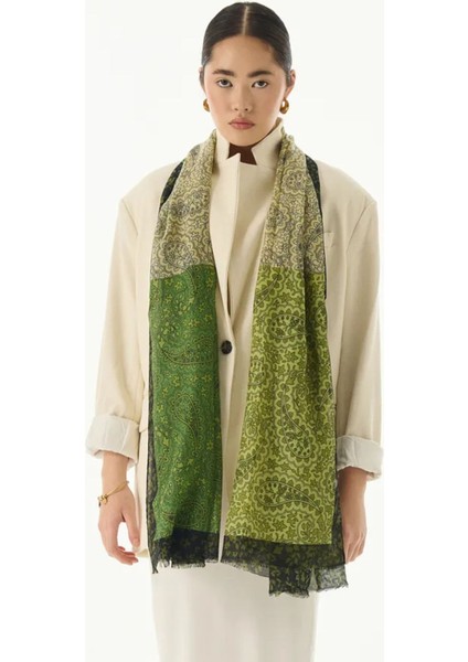 Aster Çiçek Desen Ceviz Yeşili-Siyah Pamuklu Şal fiyatları