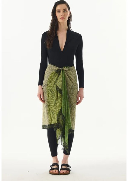 Aster Çiçek Desen Ceviz Yeşili-Siyah Pamuklu Şal modelleri