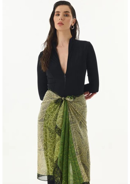 Aster Çiçek Desen Ceviz Yeşili-Siyah Pamuklu Şal fırsatları