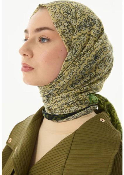 Aster Çiçek Desen Ceviz Yeşili-Siyah Pamuklu Şal