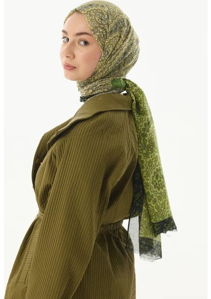 Aster Çiçek Desen Ceviz Yeşili-Siyah Pamuklu Şal