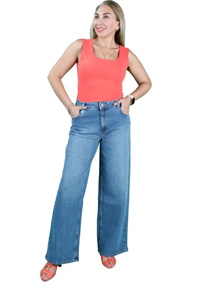 Koyu Mavi Geniş Paça Jeans