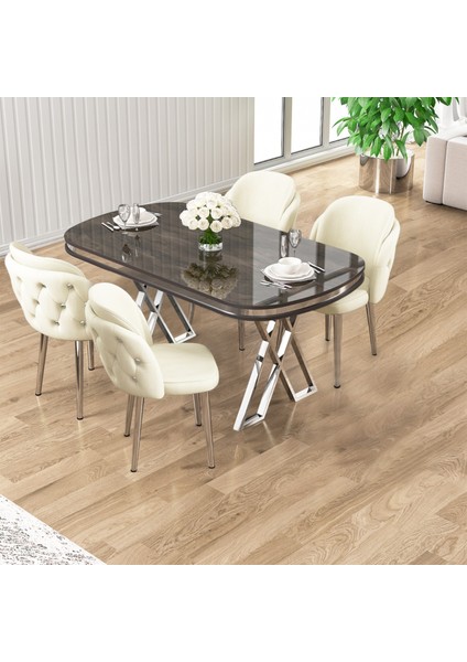 Zae Serisi 90X168 Lak Panel Antrasit Ironi Krom Ayak Masa Takımı 4 Krem Sandalye