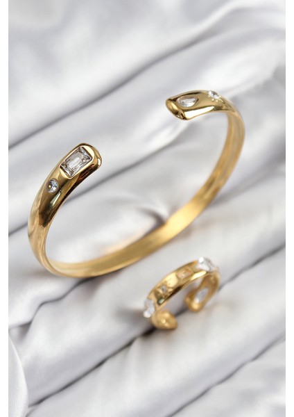Pirinç Zirkon Taşlı Ayrık Model Gold Renk Bileklik Yüzük Set - Lisinya
