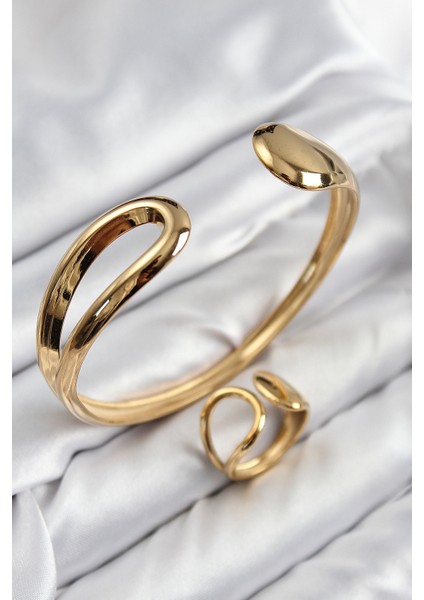 Pirinç Ayrık Model Gold Renk Bileklik Yüzük Set - Lisinya