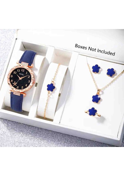 "kadın Kol Saati ve Lacivert Çiçekli Takı Seti (5 Parça) - Kutusuz"